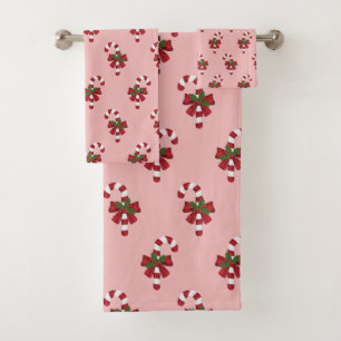 Red And White Christmas Candy Cane Pattern On Pink Bath Towel Set