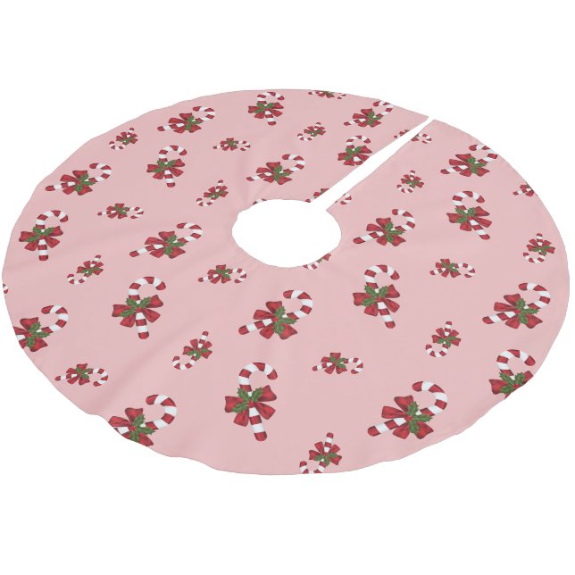 Red And White Christmas Candy Cane Pattern On Pink Brushed Polyester Tree Skirt (Angled)