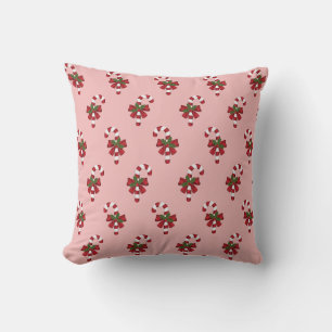 Red And White Christmas Candy Cane Pattern On Pink Cushion