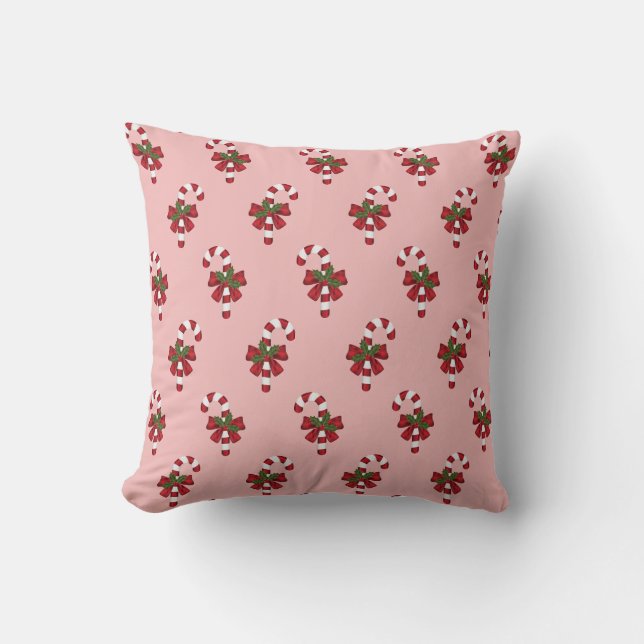 Red And White Christmas Candy Cane Pattern On Pink Cushion (Front)