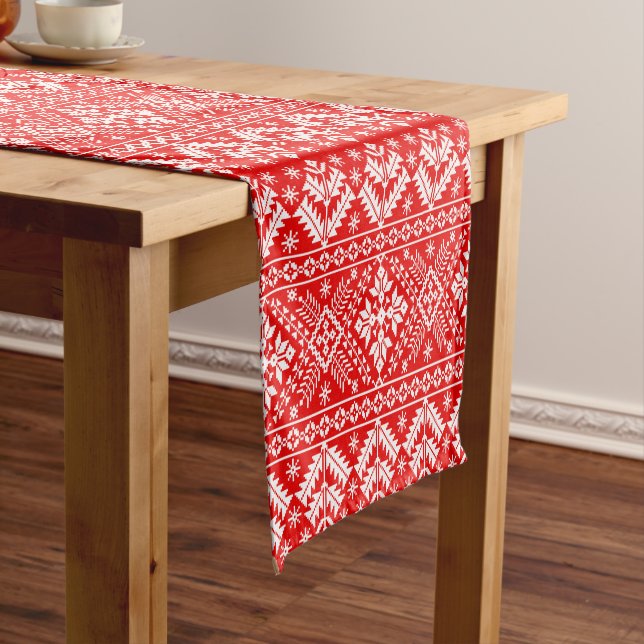 Red and White Christmas Fair Isle Pattern Short Table Runner (In Situ)