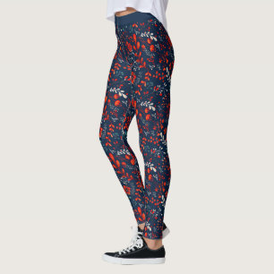 Red and white Christmas flowers on dark blue Leggi Leggings