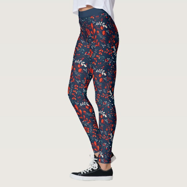Red and white Christmas flowers on dark blue Leggi Leggings (Left)