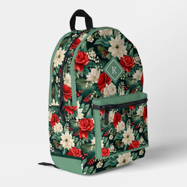Red and White Christmas Flowers Pattern Printed Backpack (Back Corner Left)
