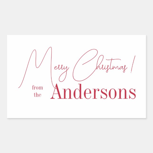 Red and White Christmas from Family Name Rectangular Sticker (Front)
