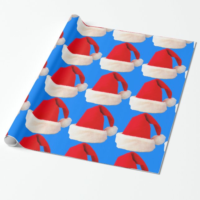 Red and White Christmas Holiday Santa Hat Wrapping Paper (Unrolled)