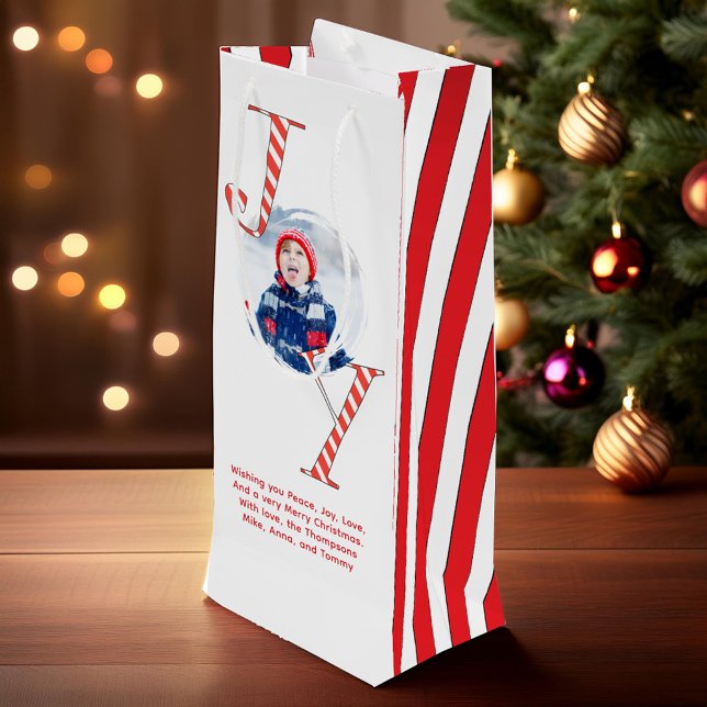 Red and White Christmas Joy Personalised  Wine Gift Bag (Red and White Joy Typography Custom Holiday Gift Wine Bag)