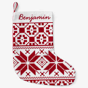 Red and White Christmas Knit Pattern Personalised Small Christmas Stocking