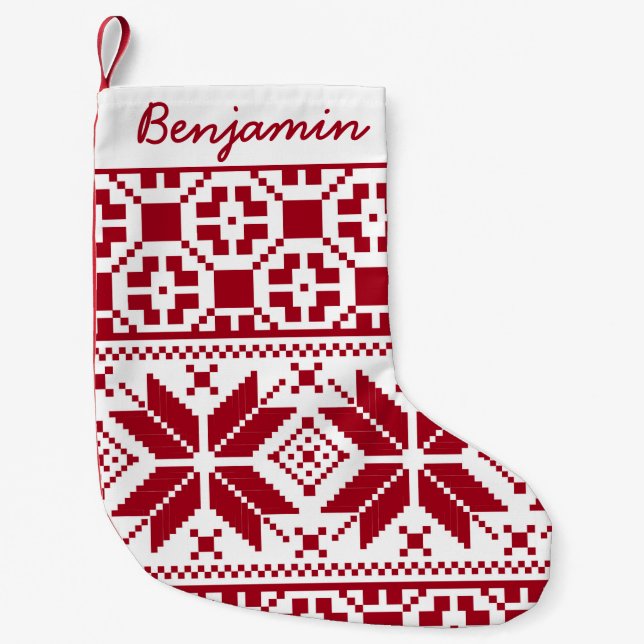 Red and White Christmas Knit Pattern Personalised Small Christmas Stocking (Front)