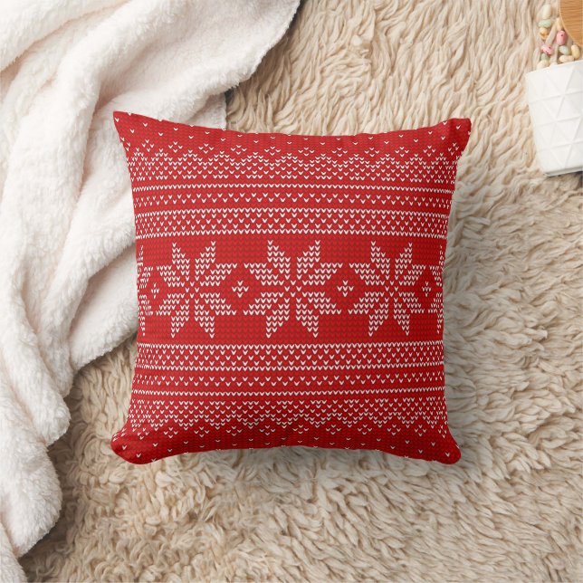Red and White Christmas knitting pattern Cushion (Blanket)