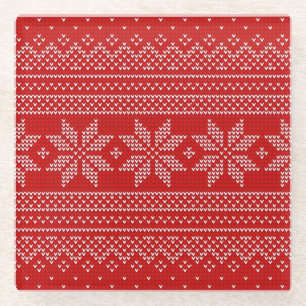 Red and White Christmas knitting pattern Glass Coaster