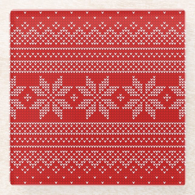 Red and White Christmas knitting pattern Glass Coaster (Front)