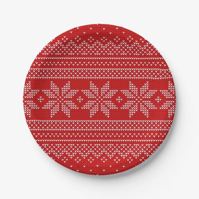 Red and White Christmas knitting pattern Paper Plate (Front)
