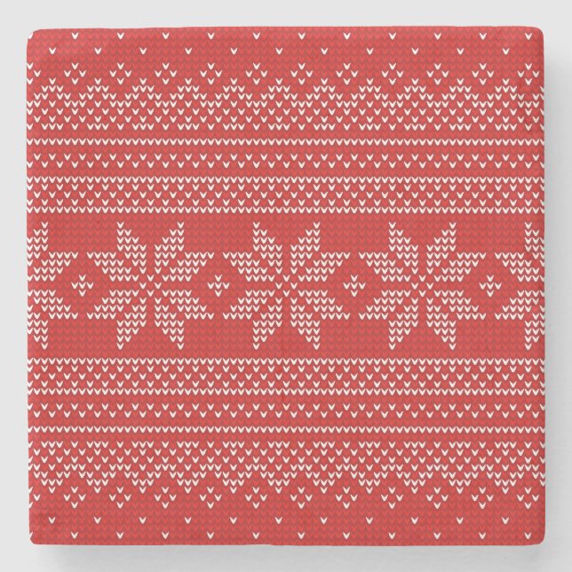 Red and White Christmas knitting pattern Stone Coaster (Front)
