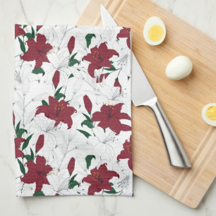 Red and White Christmas Lilies Tea Towel