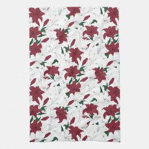 Red and White Christmas Lilies Tea Towel