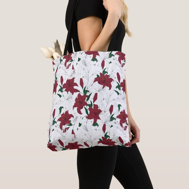 Red and White Christmas Lilies Tote Bag (Close Up)