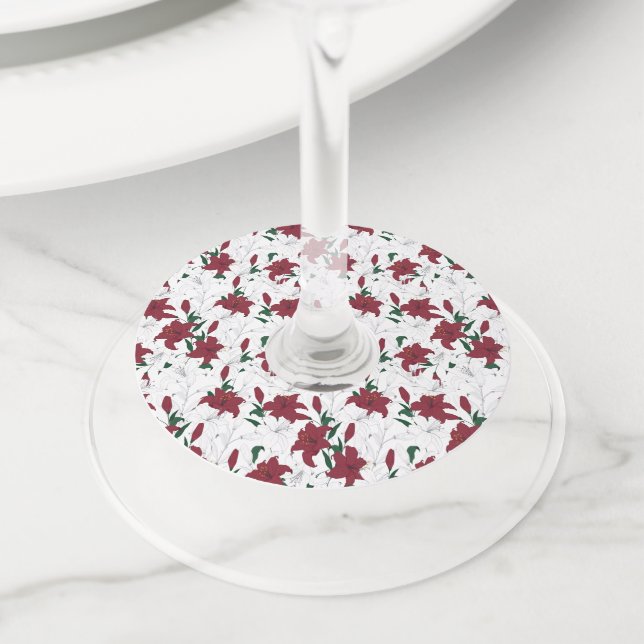 Red and White Christmas Lilies Wine Glass Tag (Close Up)