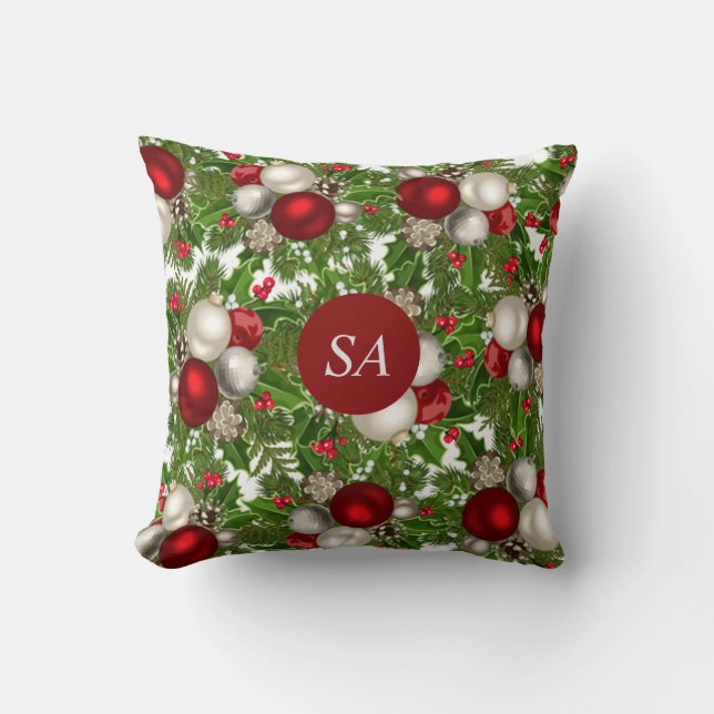 Red and White Christmas Ornaments, Christmas Holly Cushion (Front)