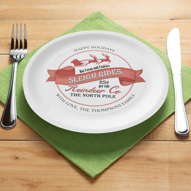 Red and White Christmas Party Custom Paper Plate (Christmas custom paper plate with Santa Reindeer Sleigh ride typography sign. )