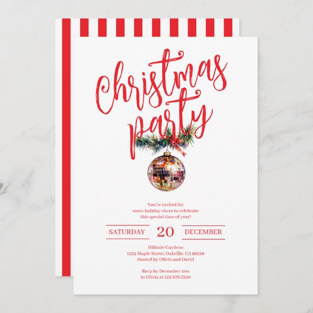 Red and White Christmas Party Disco Ball Invitation (Front/Back)