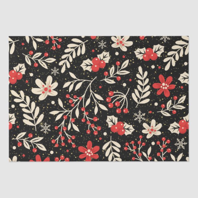 Red and white Christmas pattern on black Tissue Paper (Front)