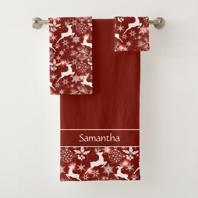 Red and white Christmas pattern with reindeer Bath Towel Set (Insitu)