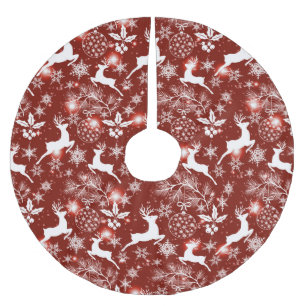 Red and white Christmas pattern with reindeer Brushed Polyester Tree Skirt
