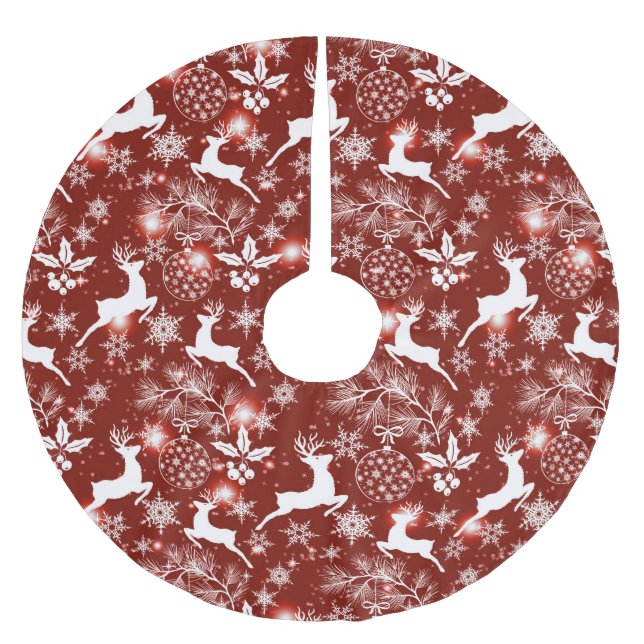 Red and white Christmas pattern with reindeer Brushed Polyester Tree Skirt (Front)