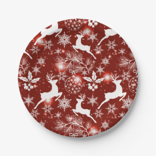 Red and white Christmas pattern with reindeer Paper Plate