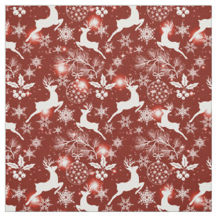 Red and white Christmas pattern with reindeer, sno Fabric