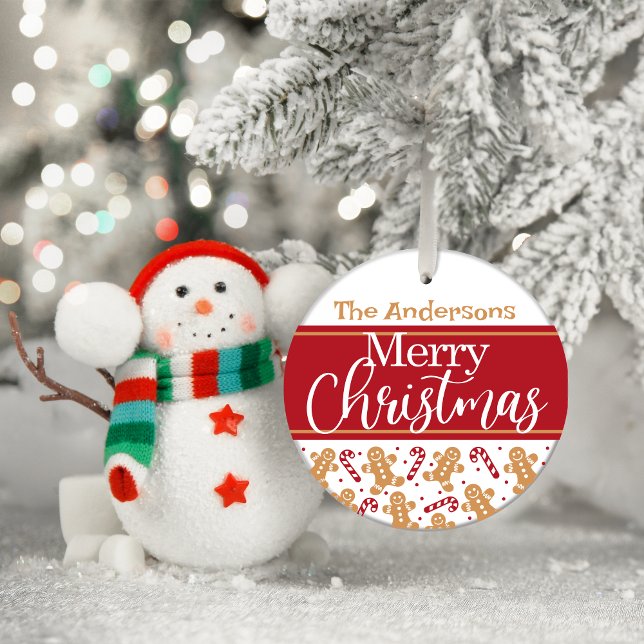 Red and White Christmas Personalized Gingerbread Glass Tree Decoration (Merry Christmas Personalized Glass Tree Decoration)