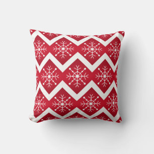 Red and White Christmas Snowflakes Chevron Pattern Cushion