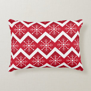 Red and White Christmas Snowflakes Chevron Pattern Decorative Cushion