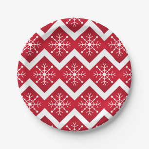 Red and White Christmas Snowflakes Chevron Pattern Paper Plate