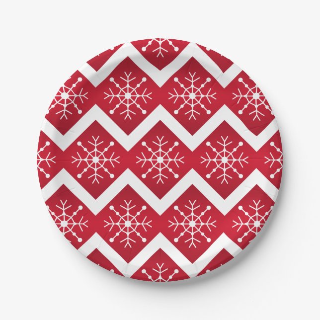 Red and White Christmas Snowflakes Chevron Pattern Paper Plate (Front)