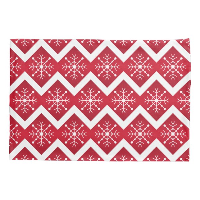 Red and White Christmas Snowflakes Chevron Pattern Pillowcase (Back)