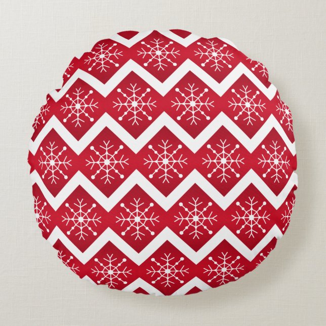 Red and White Christmas Snowflakes Chevron Pattern Round Cushion (Front)
