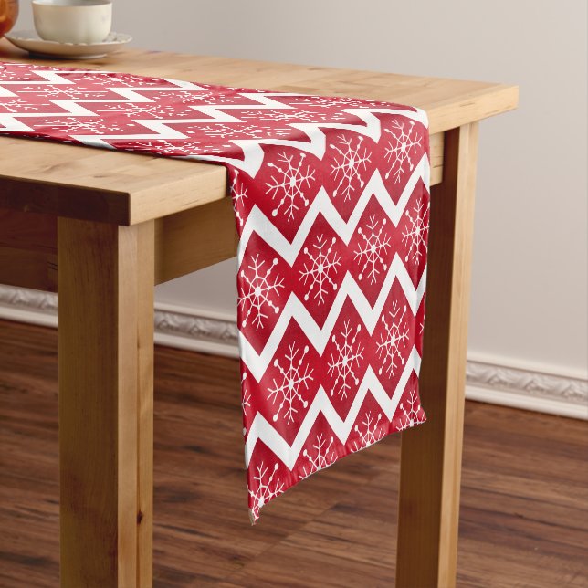 Red and White Christmas Snowflakes Chevron Pattern Short Table Runner (In Situ)