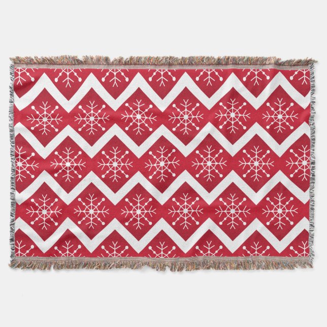 Red and White Christmas Snowflakes Chevron Pattern Throw Blanket (Front)