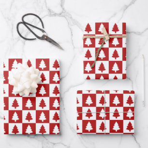 Red and White Christmas Tree Pattern Wrapping Paper Sheet