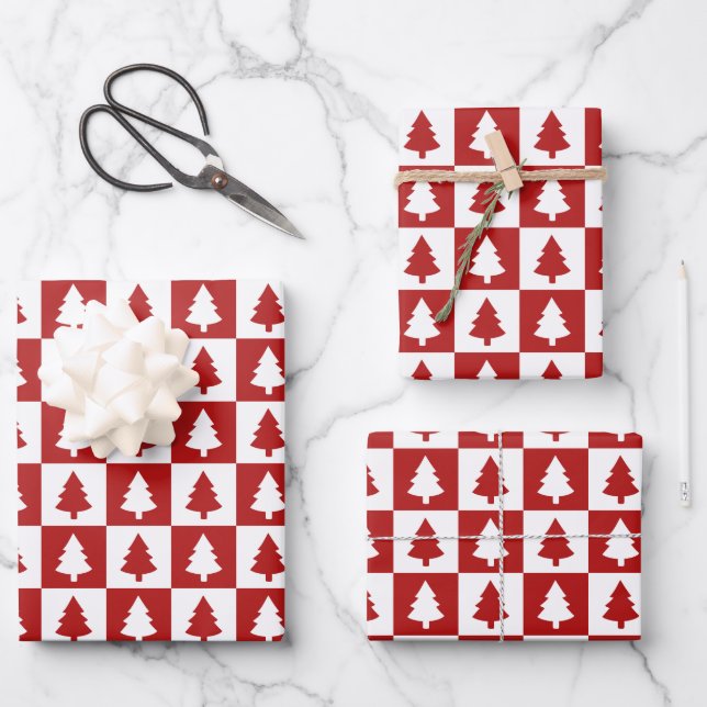 Red and White Christmas Tree Pattern Wrapping Paper Sheet (Front)