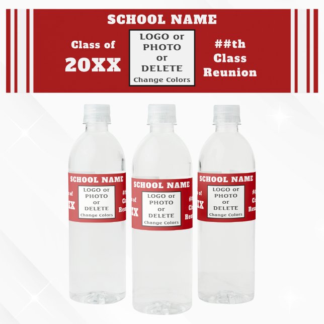 Red and White, Class Reunion Water Bottle Label (Class Reunion Water Bottle Labels. Class Reunion Table Decorations. Red and White Water Bottle Label)