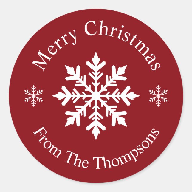 Red And White Classic Snowflake Merry Christmas Classic Round Sticker (Front)