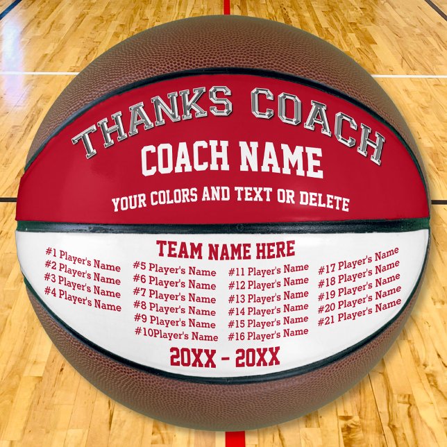 Red and White Coach Personalised Basketball Ball (Personalised, Coach Basketball with All Players Names. Personalized Coach Gift Ideas. Red and White.)