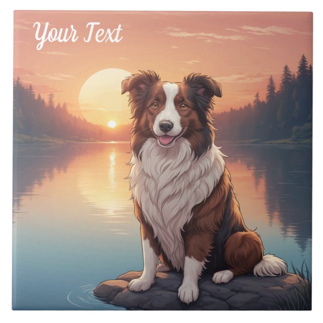 Red and White Collie by Lake Ceramic Tile (Front)