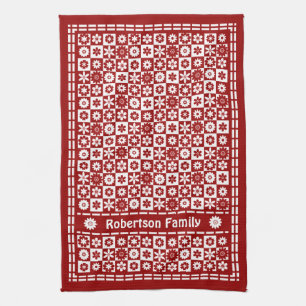 Red and White Country Classic Retro Flower Checks Tea Towel