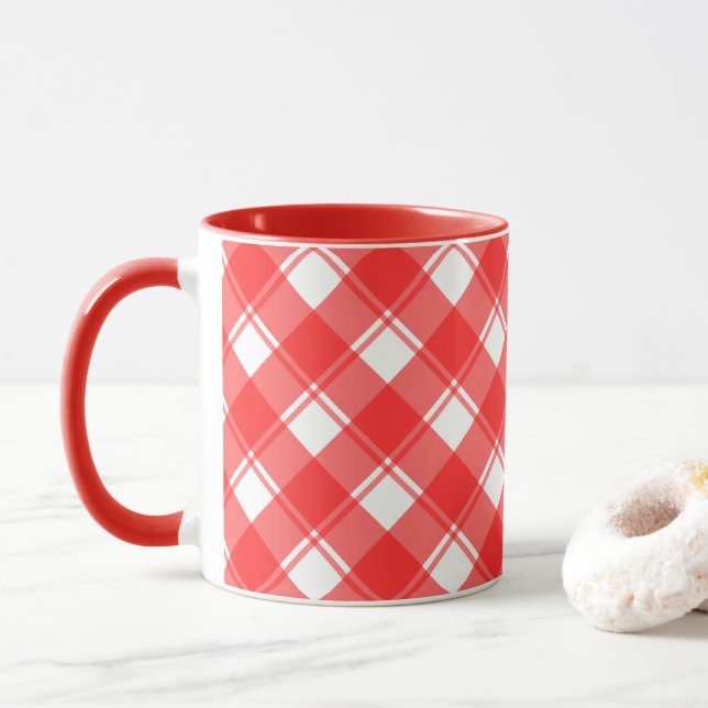 Red and White Country Striped Plaid Coffee Mug (With Donut)