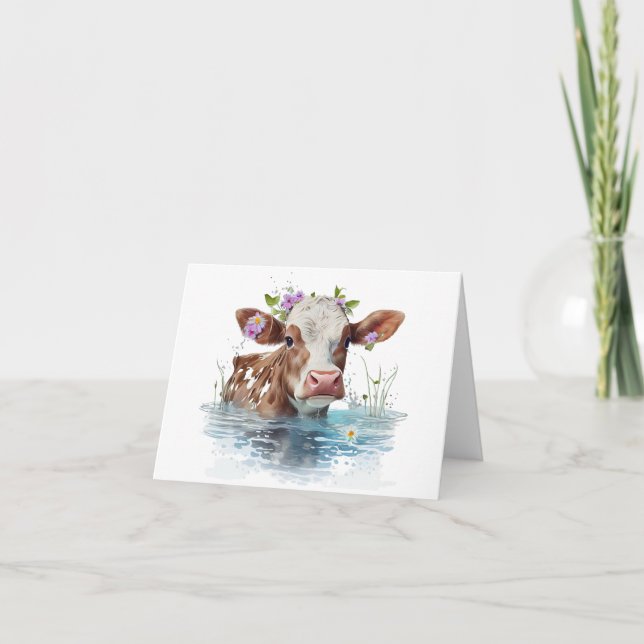 Red and White Cow with Pond and Flowers BLANK  Card (Front)