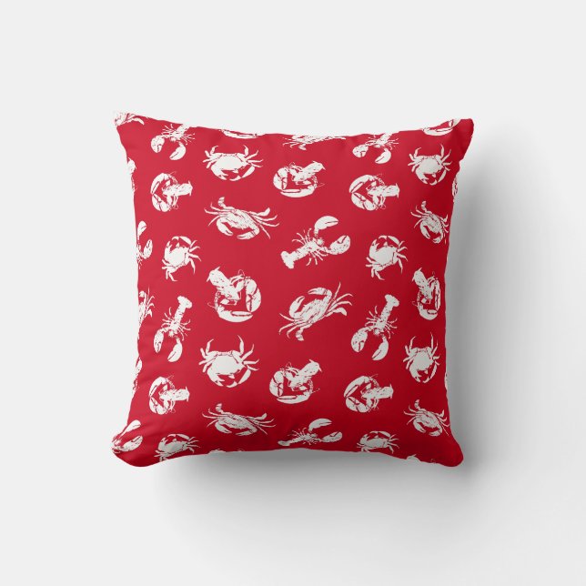 Red and White Crab and Lobster Print Cushion (Front)